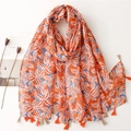 Floral gardenia print cotton linen scarf with orange blossoms and tassel fringe detail - Orange & White Four-Petal Flower Pattern (SL2301-008)