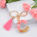 Pink resin letter C keychain with floral gold foil petals and stylish silk tassel - Letter C