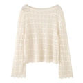 Macro detail of wave crochet pattern and scalloped hem on cream long sleeve knit top - S / Off White