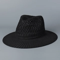 Detail of classic black Fedora hat showing breathable hollow weave and wide sunshade brim - M(56-58cm) / Black