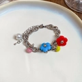 Detail of silver chain bracelet with colorful flower beads and a white pearl charm - Flower Pearl Metal Chain Bracelet (HB4081 HE27040)