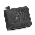 Dreifach gefaltetes Herren-Portemonnaie aus schwarzem Leder mit Reiter-Prägung und Zipper - Schwarz
