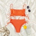 Bright orange two-piece bikini with high-waisted bottoms and side drawstring ties - S / Orange