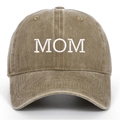 Detailed close-up of MOM embroidery on vintage washed cotton baseball cap khaki - MOM Embroidery / Khaki