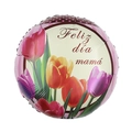 18-inch Mother's Day foil balloon featuring colorful tulips and Feliz día mamá text - 18 Inch Colorful Tulip Round Happy Mother's Day (YX231)