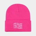 Close-up of hot pink ribbed knit beanie featuring white embroidered inspirational quotes - Rose Red