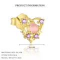 S925 sterling silver heart stud earrings with pink gemstone and purple zircons - 925 Silver / Gold Color / 1 Pair Pink Cat Eye Stone (E4851)