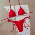 Red two-piece bikini with golden heart-shaped metal rings and side-tie bottom - S / Red
