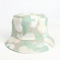 Detailed view of tie-dye bucket hat with mint green and grey marble print and stitching - Grass Green