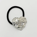 Elastic black hair tie featuring a large textured silver heart alloy charm with hammered finish - Shiny Silver - Irregular Heart