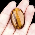 Oval tiger eye stone cabochon with golden brown texture held for size reference - Tiger's Eye