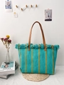 Turquoise woven beach tote bag with vertical yellow stripes and tassel details - Turquoise & Yellow Stripes