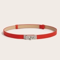 Macro detail of red Saffiano leather belt featuring a crystal-encrusted silver buckle - Rhinestone Buckle (Silver) Cross Pattern Adjustable Belt (Red)