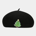 Close-up of black wool beret featuring a festive green Christmas tree embroidery detail - M / Christmas Tree Pattern Black