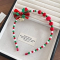 Christmas beaded headband with red-green plaid bow, holly leaves, and golden bells - 8-Red Plaid Bow Bell Headband