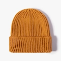 Winter mustard yellow ribbed knit beanie with thick fold-over cuff for unisex - Orange Red