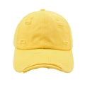 Detail view of the yellow distressed cotton baseball cap with worn-out texture - Yellow