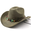 Olive green suede cowboy hat with ethnic turquoise beaded band and curled brim - Army Green