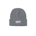 Close-up of grey knit beanie with four cartoon bears and Japanese text embroidery - M (56-58cm) / Gray