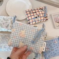 Detailed view of mini cotton pouches with cute bear and dog patterns for small items - Light Blue Plaid Bear