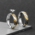 6mm two-tone stainless steel couple rings with diagonal pattern and zirconia inlay - One Size / Men's and Women's Ring Set / Gold & Silver