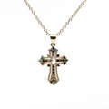 Gold plated cross necklace with multicolored gemstones and small pink center stone - Multi-color Gemstone Inlaid Cross Style (ML-CN001302CX)