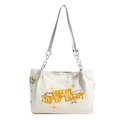 Borsa tote in tela bianco sporco con ricamo giallo e tracolla con catena metallica - Bianco Sporco