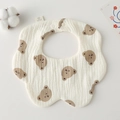 Detail of petal-shaped cotton baby bib with brown bear print and snap button - Gauze Flower Scarf - Little Bear Head