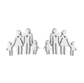 Silver metallic stud earrings featuring a family silhouette of parents and children - Family Silhouette / Steel
