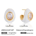 Waterproof stainless steel drop earrings with white enamel and oval zircon gemstone - C-Shaped Enamel Rhinestone Style / White (JDE0111147-WT)