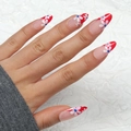 Uñas postizas almendradas French rojas con diseños de flores blancas y detalles - Tipo de Pegamento / Floral francés rojo (Y-410)
