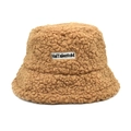 Winter faux lamb wool bucket hat in caramel brown with embroidered letter patch - Khaki