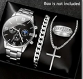 Men's silver quartz watch set with black dial, cross necklace, bracelet and ring - Silver Black Set (No Box)