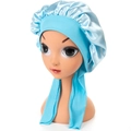 Light blue satin baby sleeping bonnet with elastic gathering and long ribbon ties - One Size / Light Blue