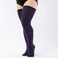 Close-up of purple and black striped over-knee socks showing elastic knit texture - Plus Size / Dark Purple + Black Thin Stripe