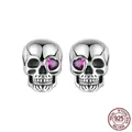 Gothic S925 sterling silver skull stud earrings with purple heart zirconia eyes - Skull Style (SCE1771)