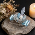 Detail of silver moon hair comb with blue crystals and white pearl on natural stone - Blue Crystal + Hollow Moon + Rhinestone Pearl Flower