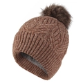 Warme braune Zopfstrickmütze mit Kunstfellbommel und weichem Fleece-Futter für den Winter - L (58-60cm) / Karamellbraun