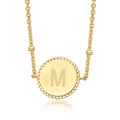 Macro detail of gold S925 sterling silver chain with a round initial M letter pendant - 925 Silver / Letter M