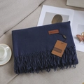 Navy blue solid cashmere-feel scarf with elegant fringes and luxury leather logo tag - Navy Blue