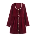 Elegant wine red chenille dress with square neck and pearl buckle detail for women - XS / Burgundy