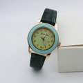 Women's gold quartz watch with green clover dial and green crocodile leather strap - Green
