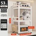 3-tier white carbon steel microwave rack with side hooks and adjustable shelves - 3-Tier Fixed-53cm-Cream White-With Cutting Board Rack