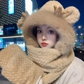 Beige 3-in-1 plush hat scarf and gloves set with bear ears and antlers design - Embossed 3-piece Set / Coffee