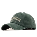 Distressed dark green baseball cap with cream vintage embroidery on front view - Adjustable / Washed Army Green