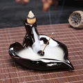 Deep brown ceramic backflow incense burner in leaf shape with incense cones and sticks - Golden Branches and Leaves