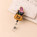Halloween retractable badge reel with embroidered black cat in pumpkin and wizard hat - Wizard Hat Black Cat Pumpkin / Orange + Black