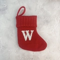 Red knitted Christmas stocking with white woven letter W and hanging loop decor - Letter W