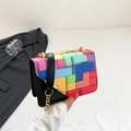 Crossbody square bag with colorful geometric patterns and elegant gold chain strap - Black