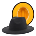 Detail of a black felt fedora hat with a contrasting vibrant orange interior lining - M (56-58cm) / Black+Yellow